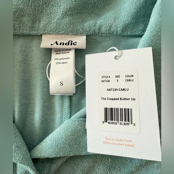 NWT Andie Swim The Cropped Button Up Short Sleeve Shirt Terry Cloth Blue Small - Picture 7 of 9